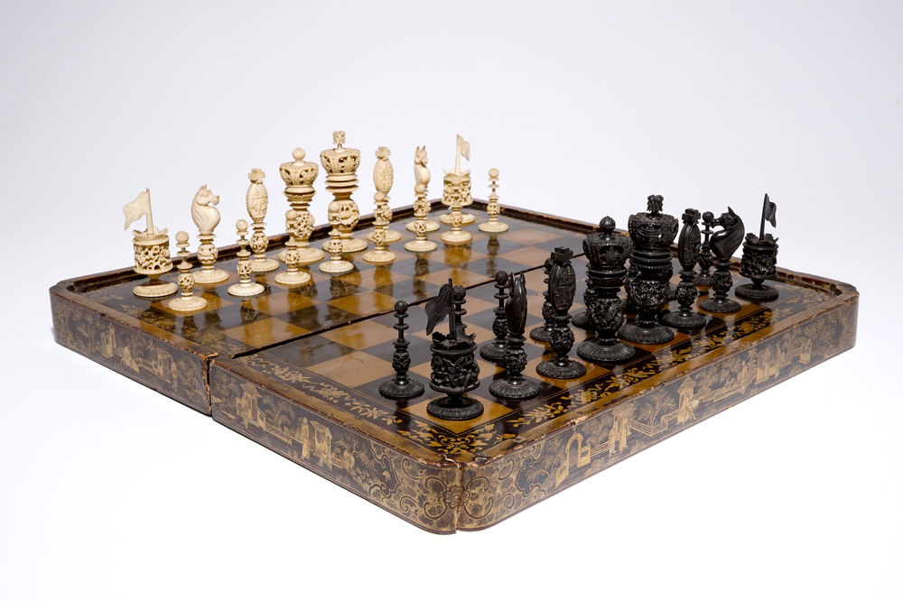 A Fine Chinese Lacquer Chess And Backgammon Board With Ivory Game