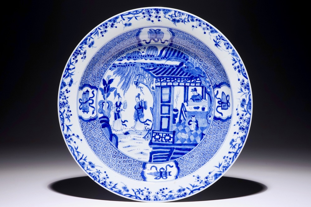 A Chinese blue and white deep dish with a scene from &quot;The Romance of the Western Chamber&quot;, Yongzheng
