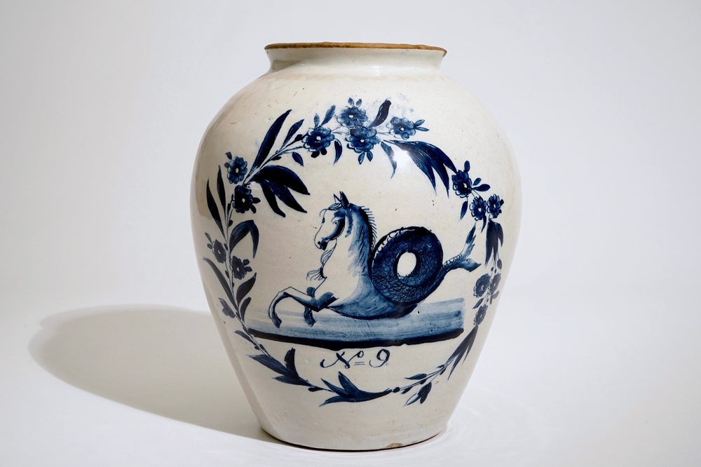 A Dutch Delft blue and white &quot;seahorse&quot; tobacco jar , 18th C.
