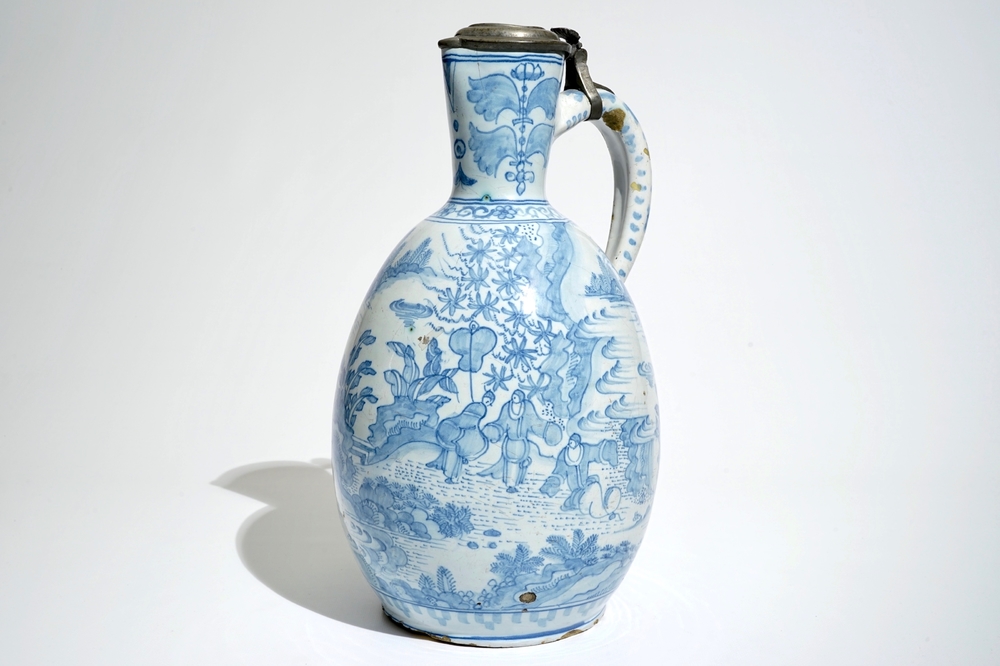 A large blue and white pewter-mounted jug, Delft or Frankfurt, 17th C.