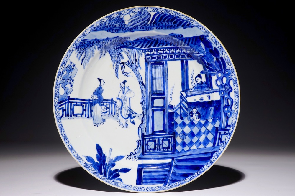 A Chinese blue and white charger with a scene from &quot;The Romance of the Western Chamber&quot;, Yongzheng