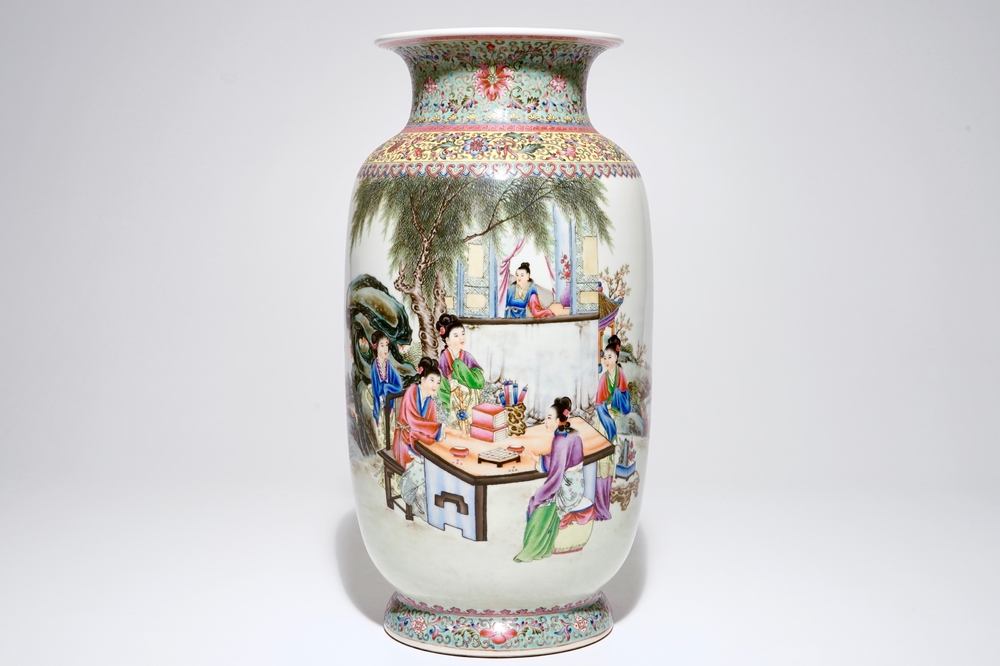A fine Chinese famille rose vase with ladies in a garden, 20th C.