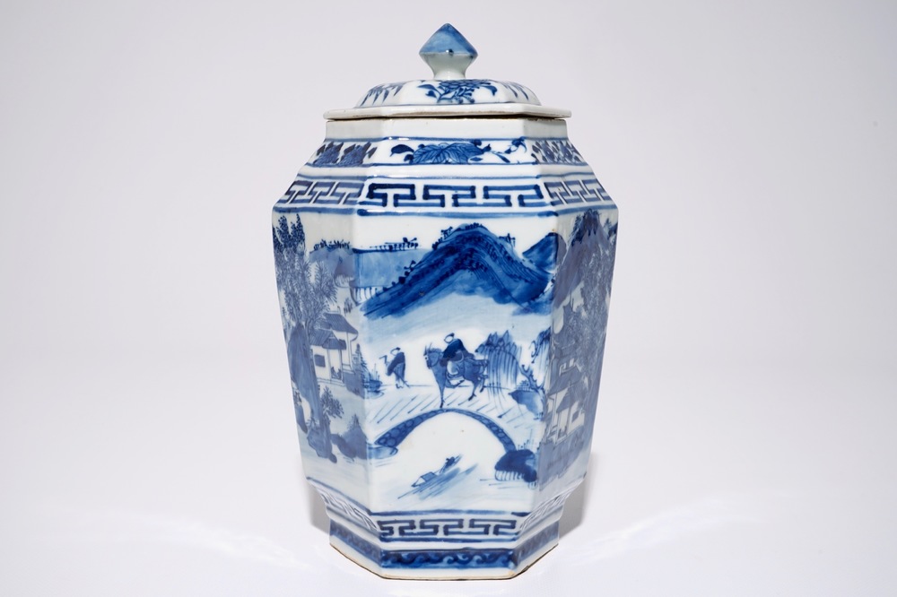 A Chinese hexagonal blue and white covered jar with landscape design, 19th C.