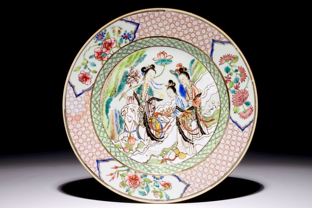 A fine painted Chinese famille rose plate with a lady and a goat, Yongzheng