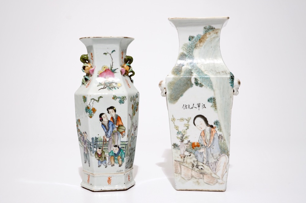 Un vase de forme carr&eacute;e en porcelaine de Chine qianjiang et un vase hexagonal en famille rose, 19/20&egrave;me