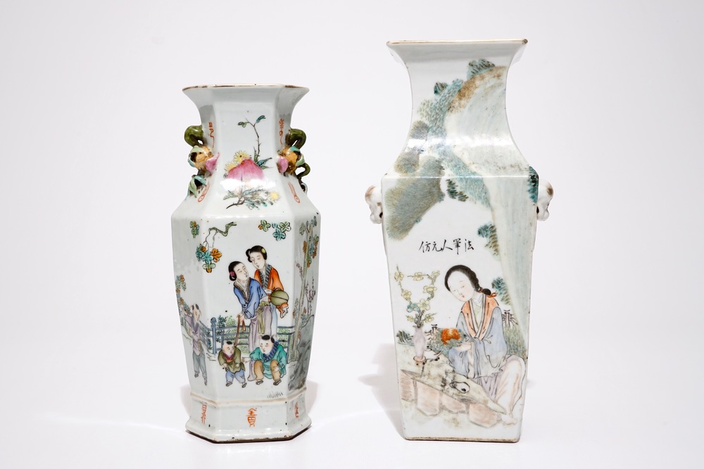 A square Chinese qianjiang cai vase and a hexagonal famille rose vase, 19/20th C.