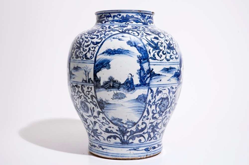 A large Chinese blue and white baluster vase with figures, Ming, Wanli