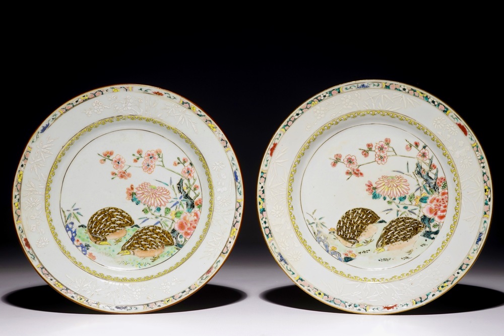 A pair of Chinese famille rose quail plates, Yongzheng