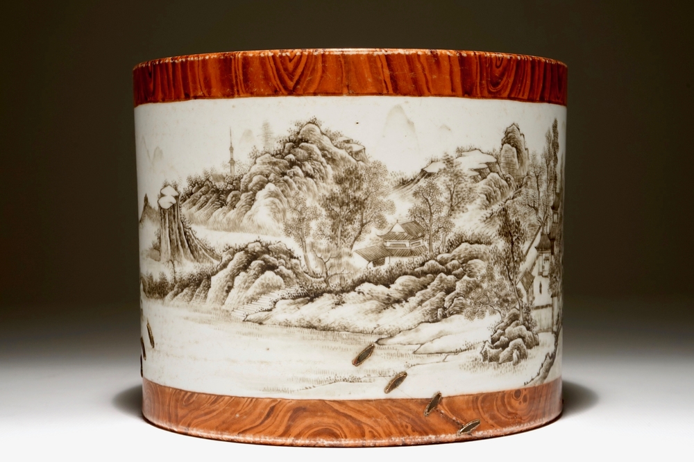 A Chinese grisaille and faux bois brush pot, Qianlong mark, 20th C.