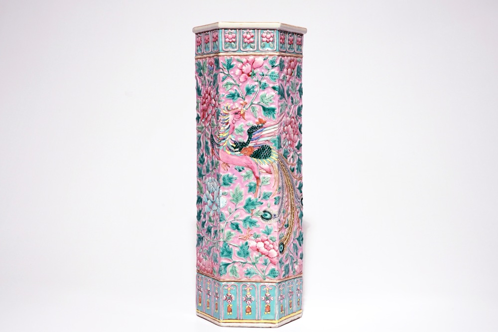 A tall relief-decorated Straits Chinese or Peranakan famille rose umbrella stand with phoenixes, 19th C.