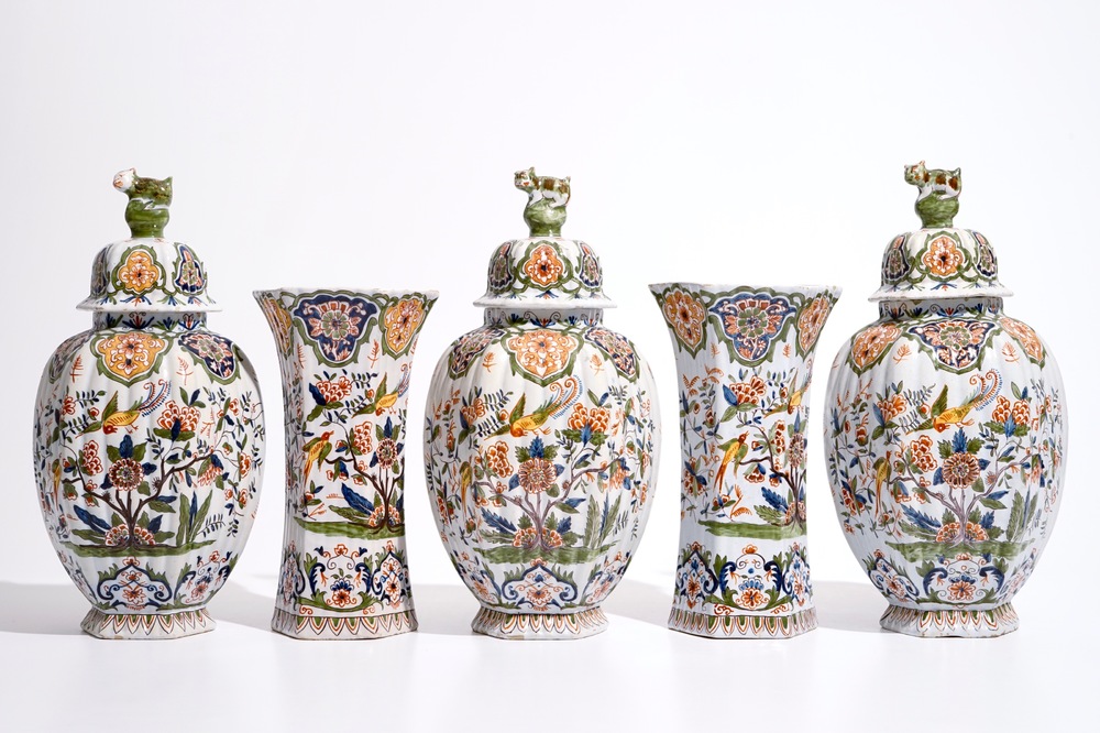 A polychrome Delft style five-piece garniture, France, 19th C.