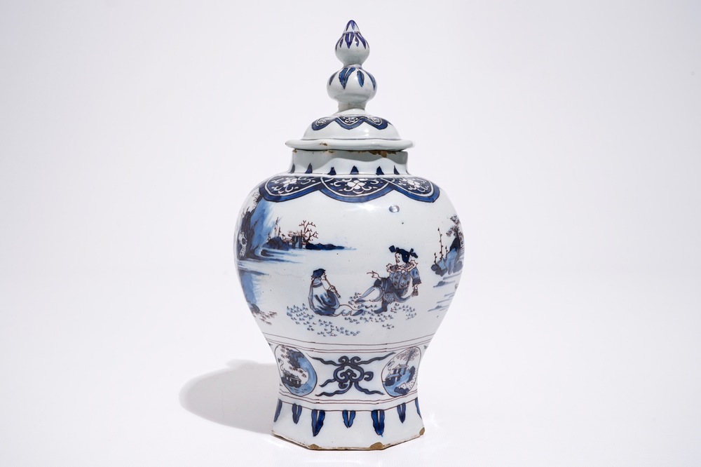 A Dutch Delft octagonal chinoiserie vase and cover in blue and manganese, late 17th C.