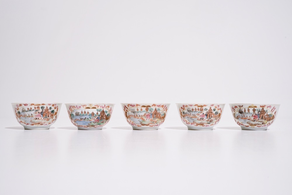 Five Chinese famille rose cups decorated in Meissen-style, Qianlong