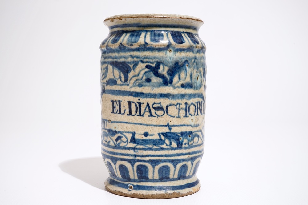 A blue and white Antwerp maiolica albarello drug jar, ca. 1580