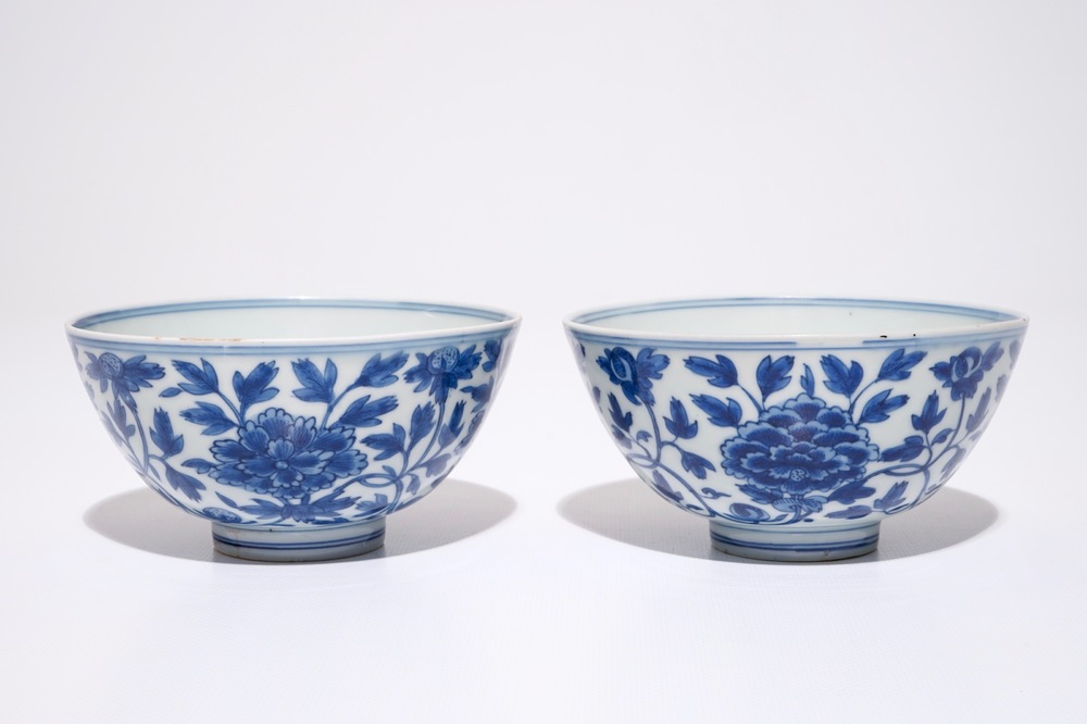 A pair of Chinese blue and white peony scroll bowls, Chenghua mark, Ming