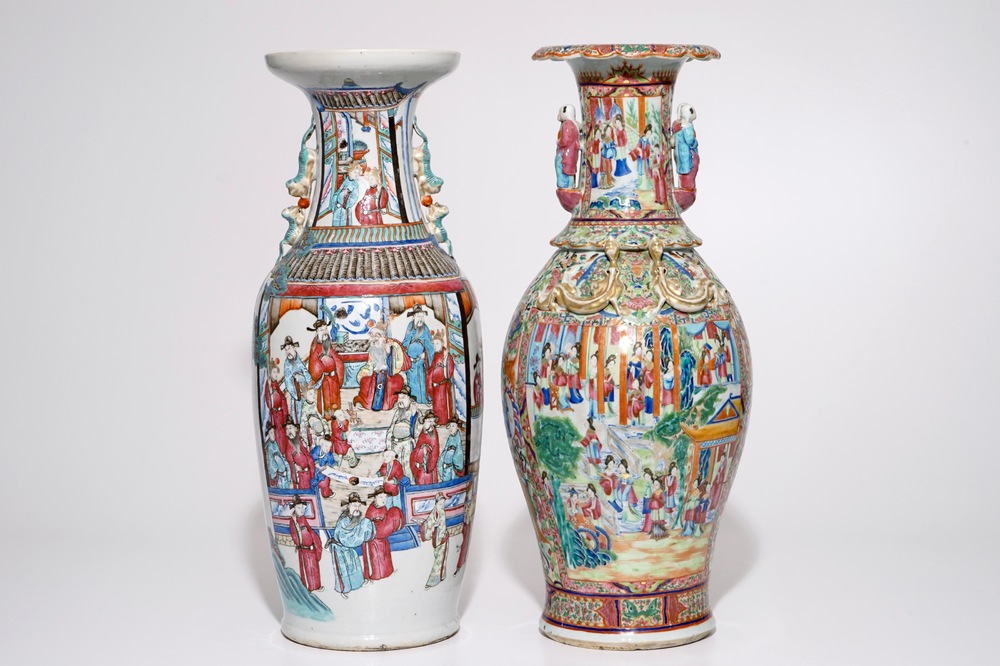 Two tall Chinese famille rose vases, incl. a rare Canton example, 19th C.