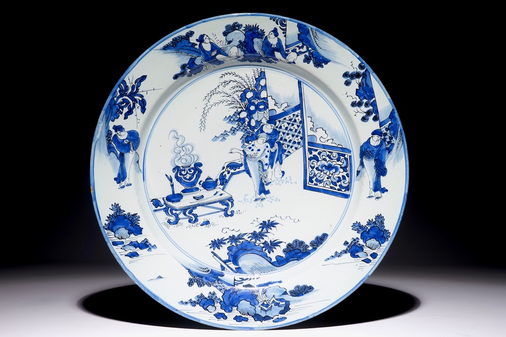 A large Dutch Delft blue and white chinoiserie dish, late 17th C.