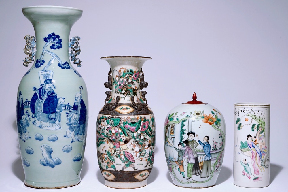 Four various Chinese vases, incl. blue and white on a celdon ground and famille rose, 19/20th C.