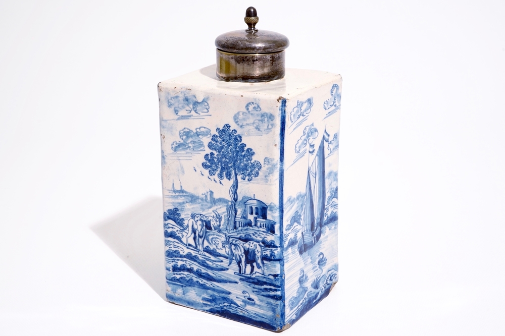 A rare blue and white Amsterdam Delft gin bottle or tea caddy, ca. 1720