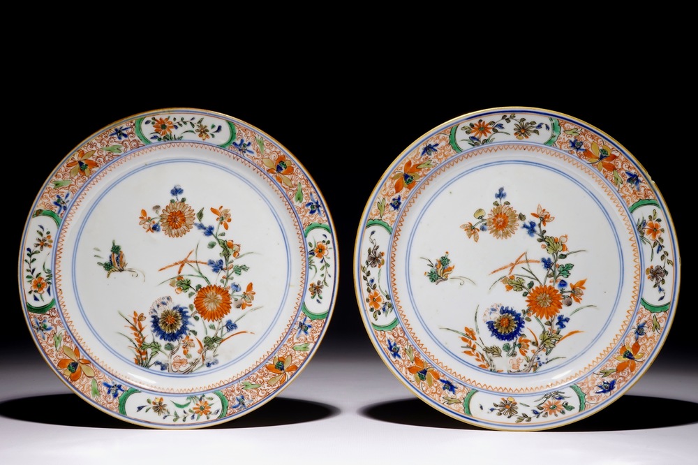 A pair of Chinese verte-imari floral plates, Kangxi