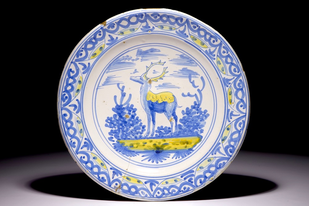 A Frisian maiolica dish with a deer, 17th C.