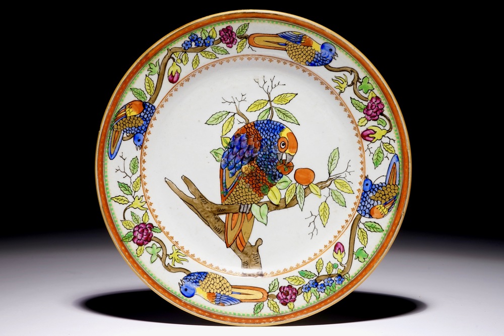 A Chinese Dutch-decorated Amsterdams bont plate with a parrot, Qianlong