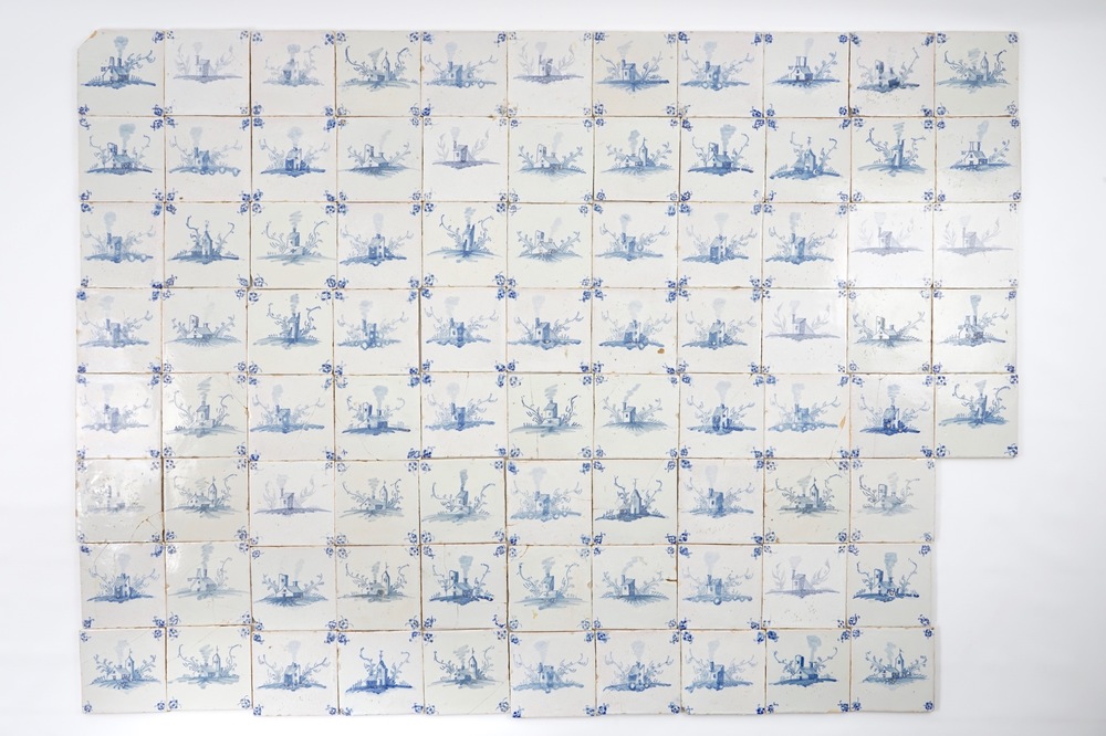 Un lot de 85 carreaux de style Delft aux paysages en bleu et blanc, Bruges, atelier Pulinx, 18&egrave;me