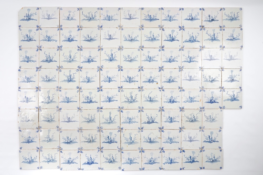 A set of 85 blue and white Dutch Delft style landscape tiles, Bruges, Pulinx workshop, 18th C.