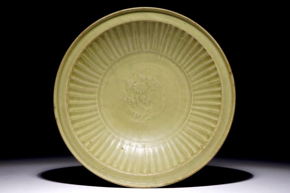 A Chinese Longquan celadon ribbed charger, Ming