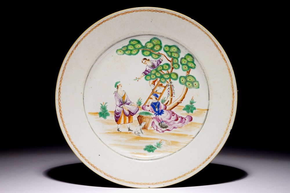 A Chinese famille rose plate with cherry pickers, Qianlong