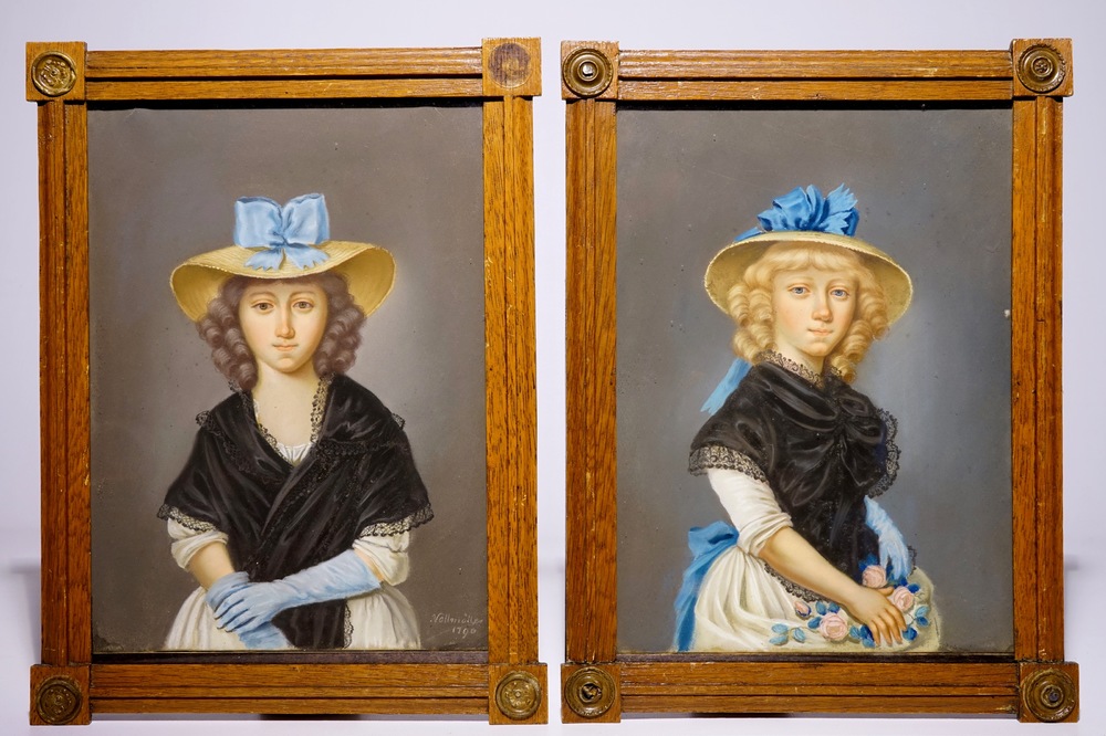 A pair of pastel portraits of young girls, signed Vollm&ouml;ller, dated 1790