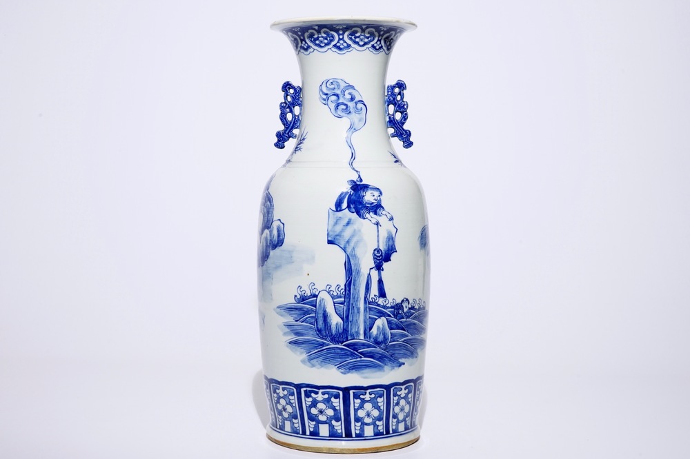 A tall Chinese blue and white vase with Liu Hai and the toad, 20th C.