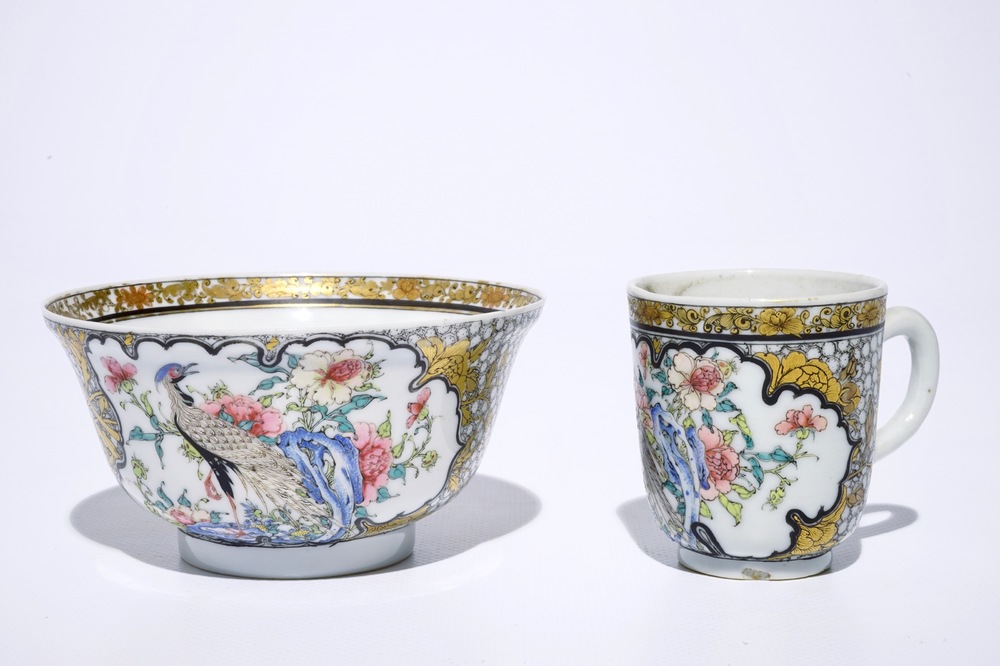 A fine Chinese famille rose and grisaille eggshell bowl with a pheasant, with a related cup, Yongzheng