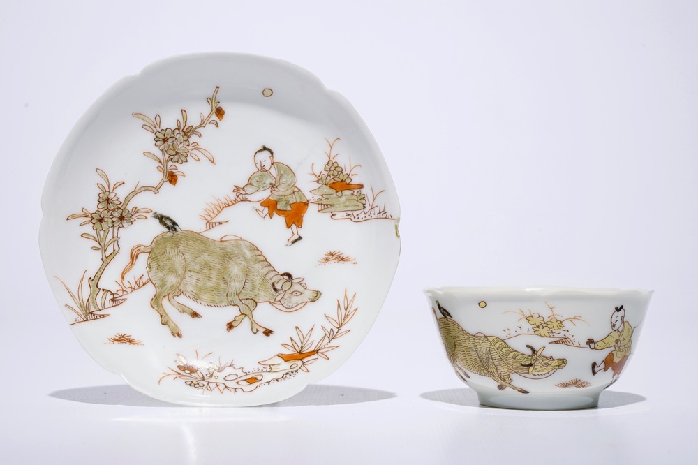 A fine Chinese export porcelain eggshell cup and saucer with a farmer and his buffalo, Yongzheng