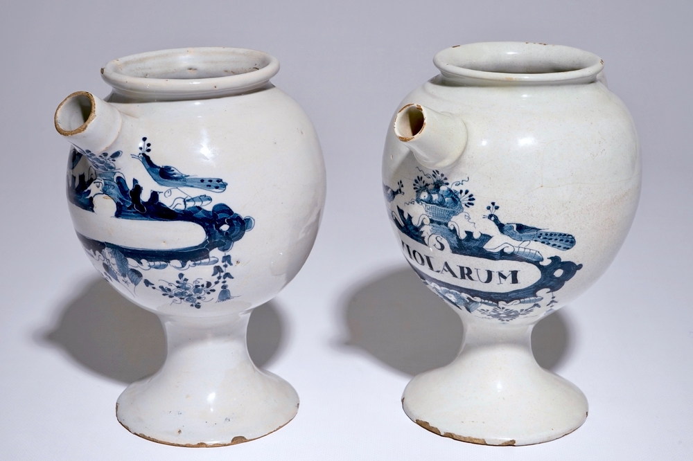 A pair of Dutch Delft blue and white wet drug jars, 18th C.