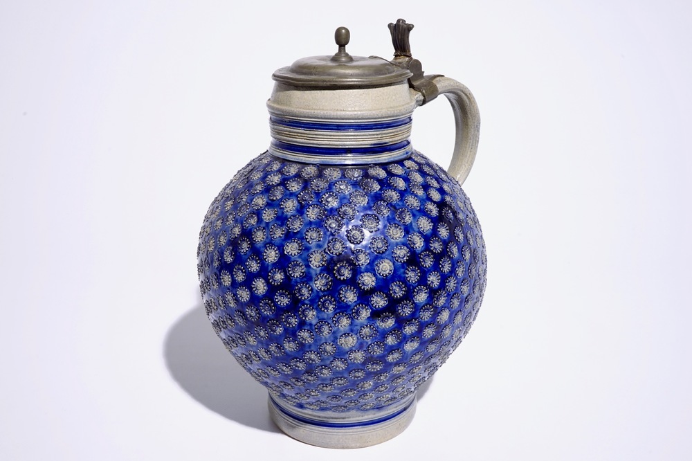 A large globular Westerwald jug with pewter lid, 17th C.