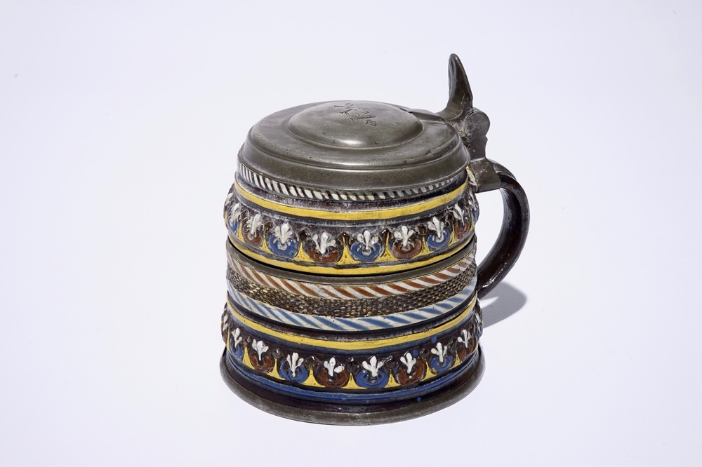 A Creussen German stoneware pewter-mounted mug, 17th C.