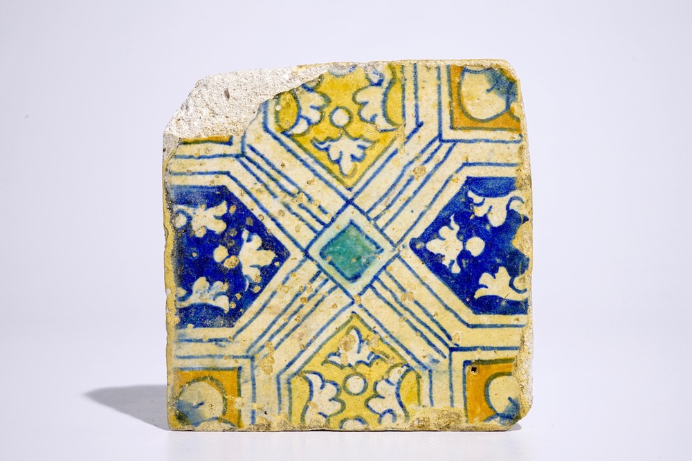 An Antwerp maiolica tile with polychrome ornamental design, 2nd half 16th C.