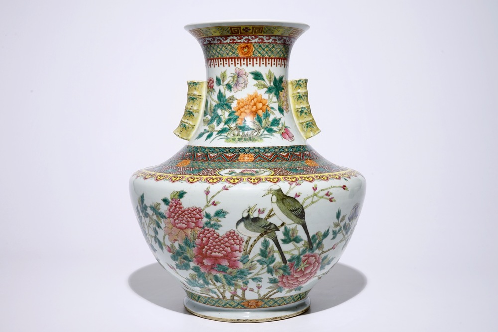 A large Chinese famille rose hu-shaped vase with birds among flowers, Qianlong mark, 19th C.