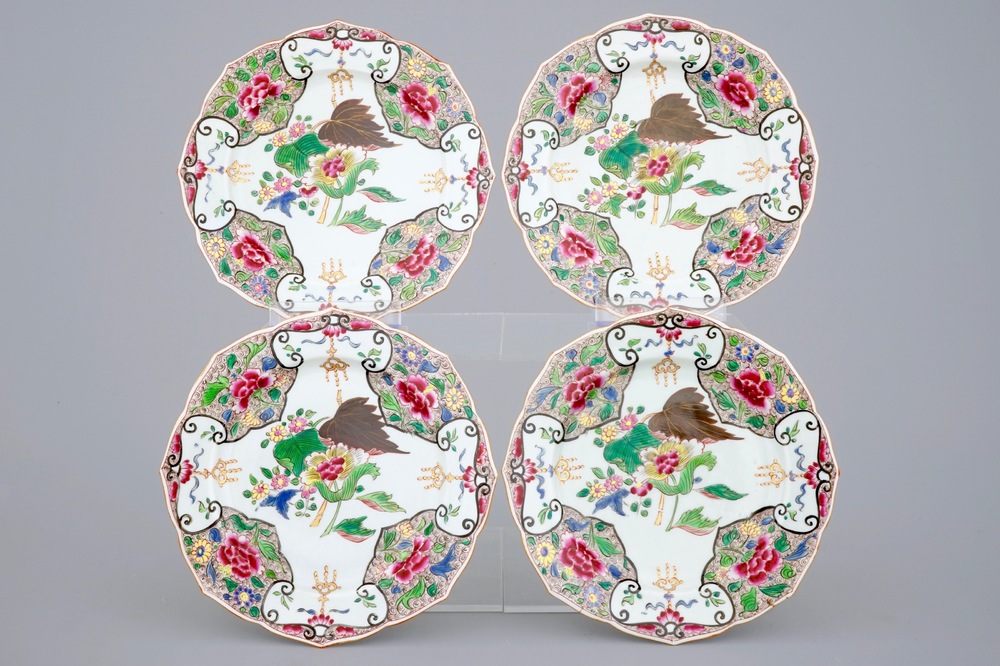 Four famille rose lotus-shaped plates, Samson, Paris, 19th C.