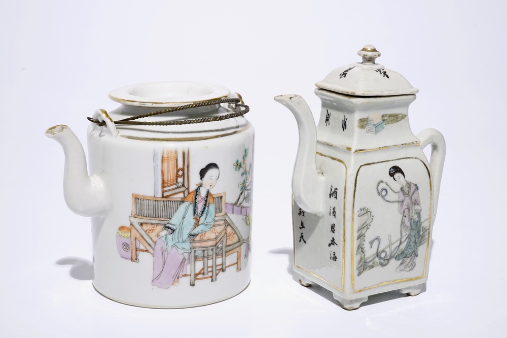 A Chinese qianjiang cai teapot and a wine jug, 19/20th C.