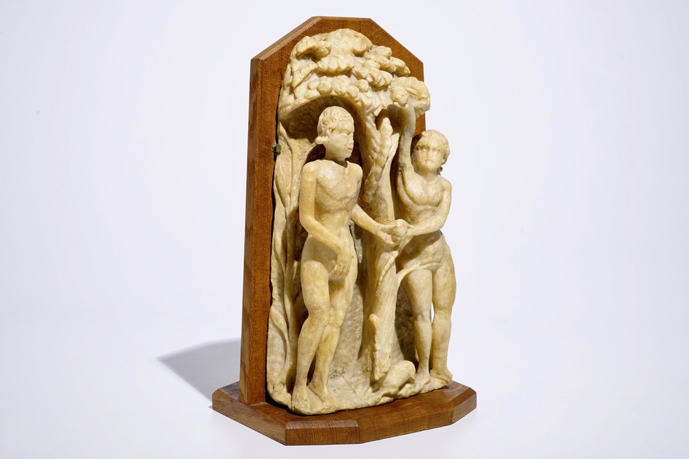 A Flemish carved alabaster group of Adam and Eve, Mechelen, 16th C.