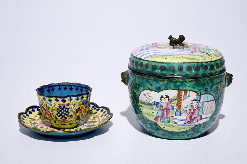 A Chinese Canton enamel cup and saucer and a covered bowl, 18/19th C.