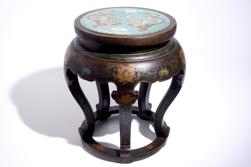 A Chinese lacquered wood and cloisonn&eacute; stand, 20th C.