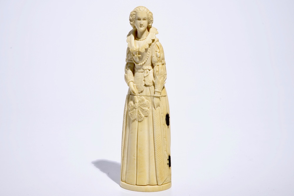 A carved ivory figure of Mary Stuart with a hidden triptych, Dieppe, France, 19th C.