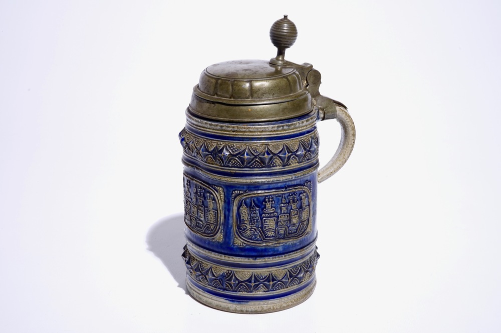 A large Westerwald stein with pewter lid decorated with views of Cologne, 17th C.