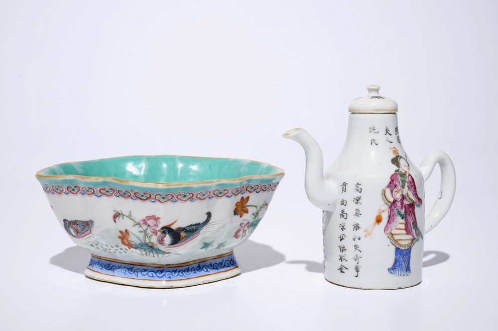 A Chinese famille rose wu shuang pu jug and a bowl with mandarin ducks, 19th C.
