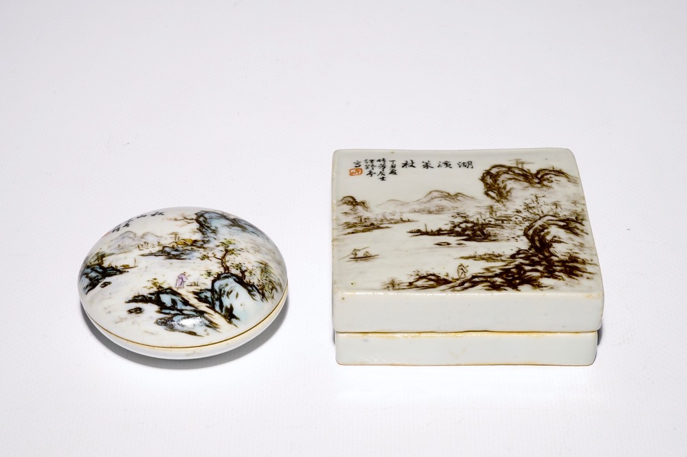 Two Chinese qianjiang cai seal paste boxes and covers, 19/20th C.