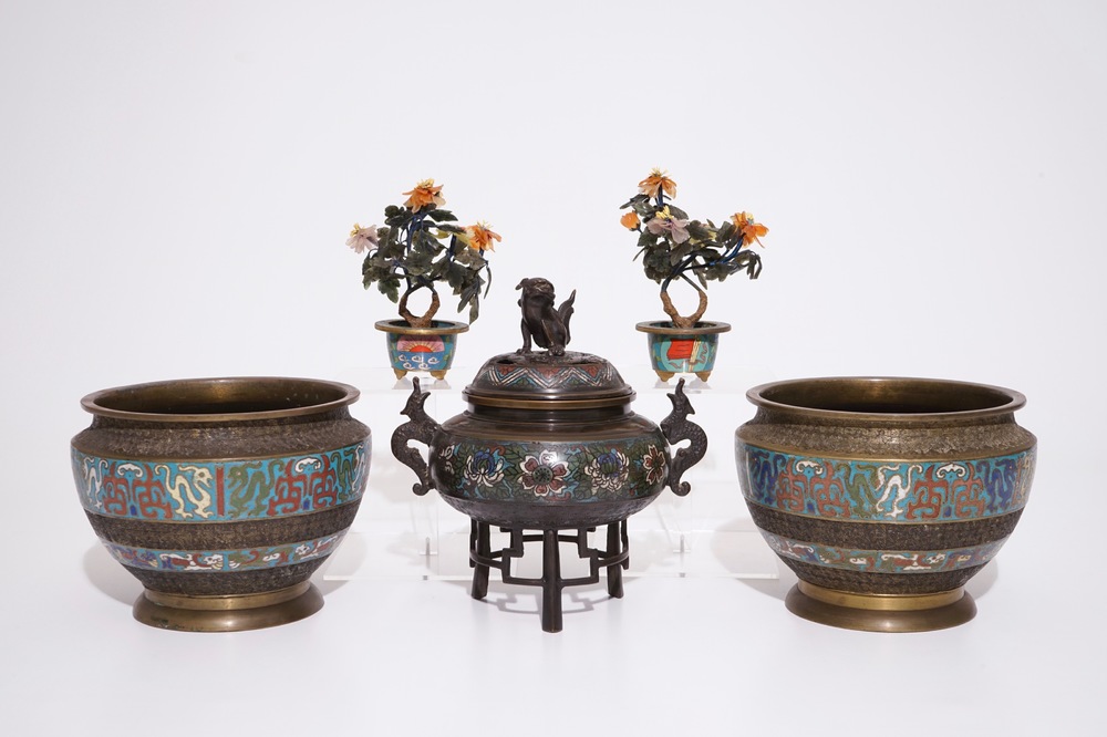 A Japanese censer, a pair of urns and two semi-precious stone trees in bronze and champlev&eacute;, Meiji, 19/20th C.