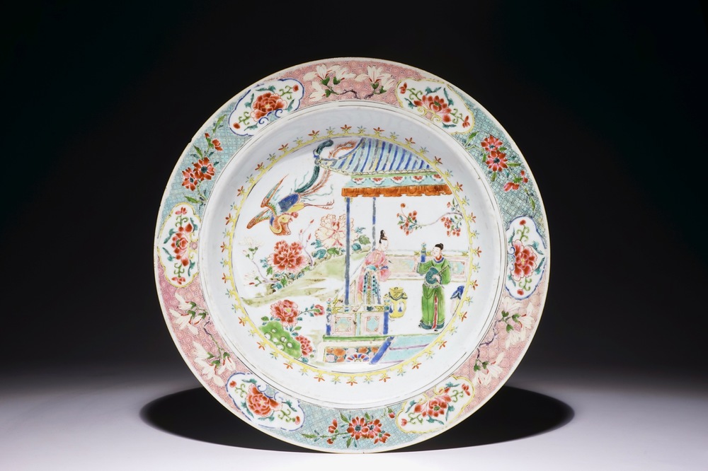 A deep Chinese famille rose dish with a scene from &quot;The Romance of the Western Chamber&quot;, Yongzheng